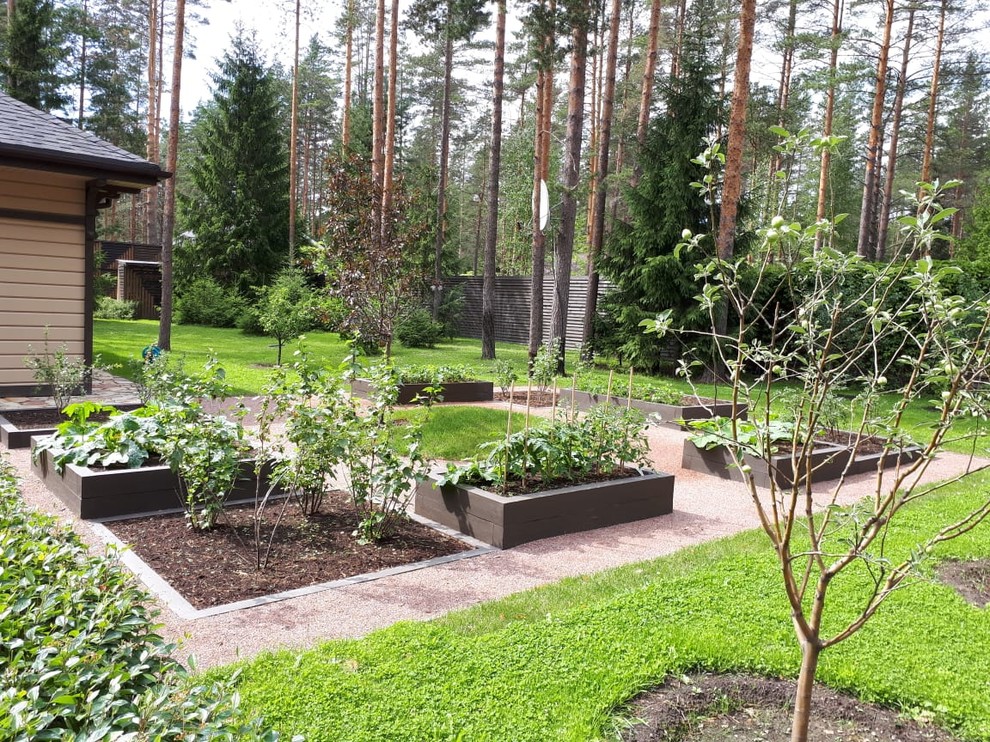 This is an example of a scandinavian courtyard full sun garden for summer in Saint Petersburg with a vegetable garden and natural stone pavers.