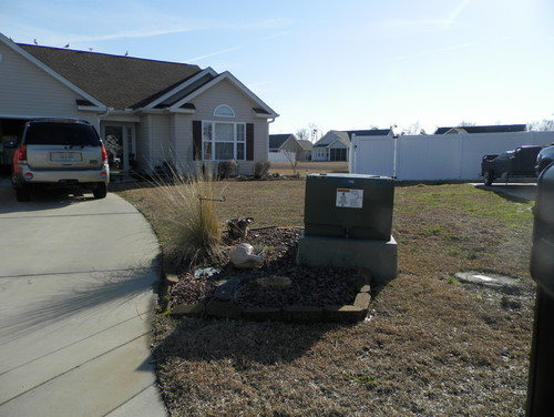 Help me disguise green electric box in pointed pie-shaped front yard?