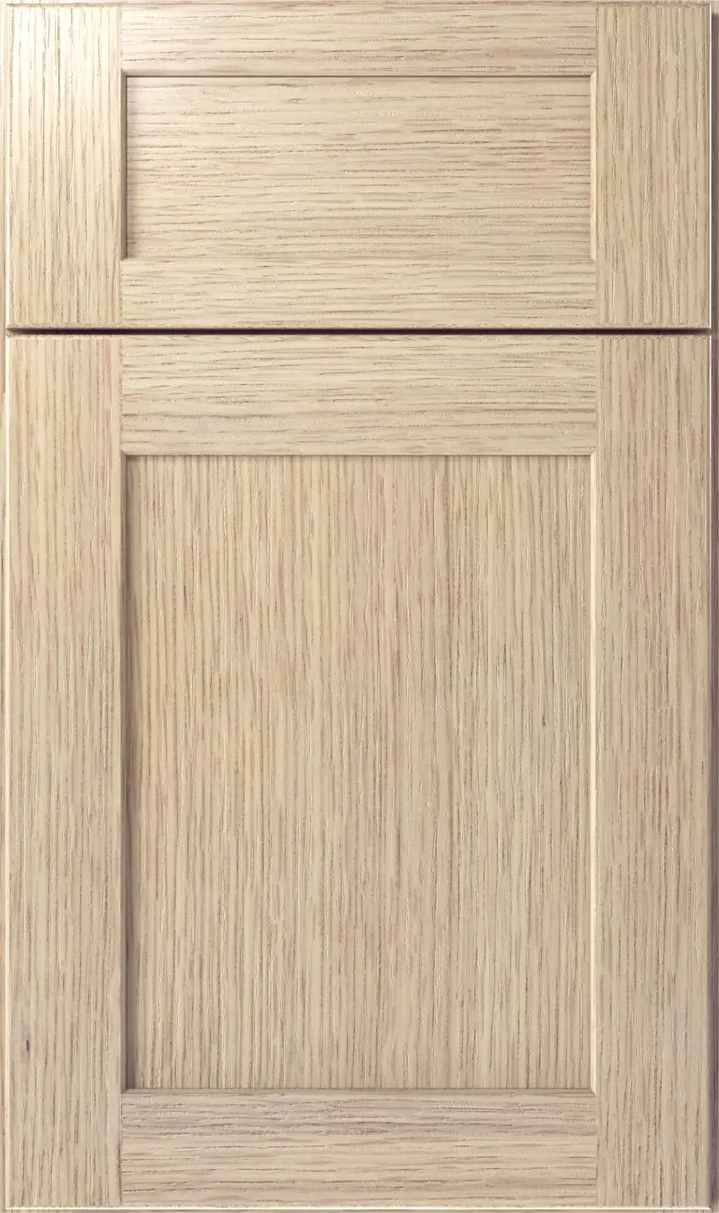 Desert Oak Shaker cabinet door with rift cut white oak grain, recessed center panel and square edges