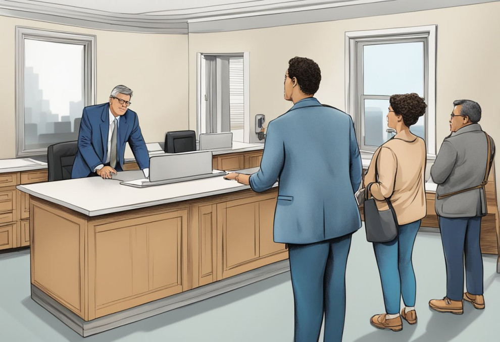 Three people talking to a man beside the table