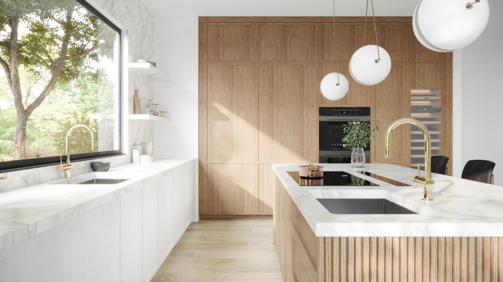 Design ideas for a mid-sized transitional l-shaped open plan kitchen in New York with an undermount sink, shaker cabinets, light wood cabinets, marble benchtops, white splashback, marble splashback, panelled appliances, light hardwood floors, with island, beige floor and white benchtop.