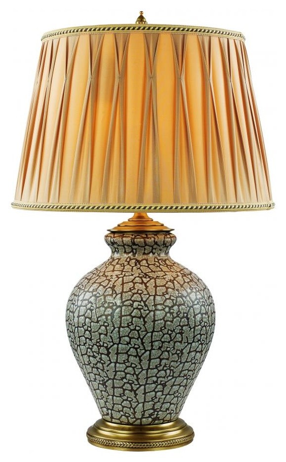 One Light Antique Brass Crackle Round Pleated Gold Shade Table Lamp