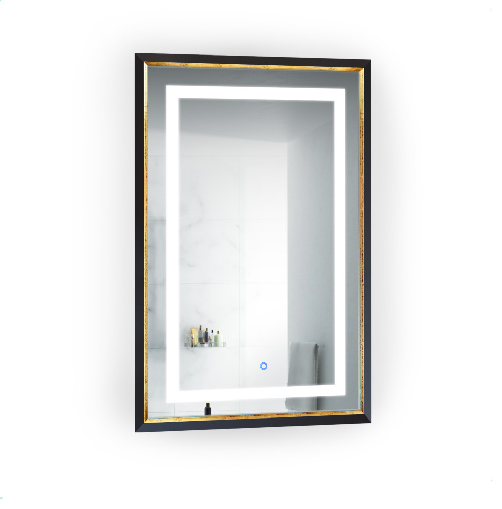 LED Lighted Framed Bathroom Mirror with Defogger, 22"x34" Modern