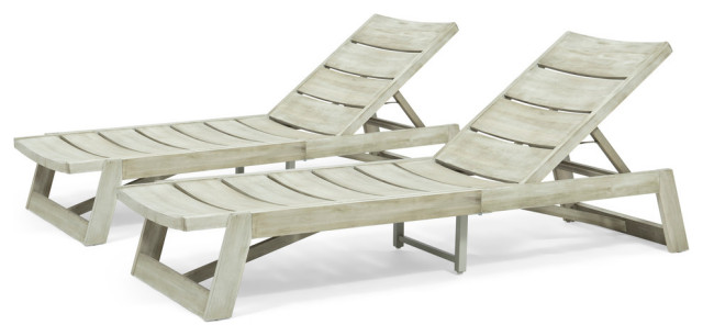 Angela Outdoor Wood and Iron Chaise Lounges, Set of 2, Light Gray Wash, Gray