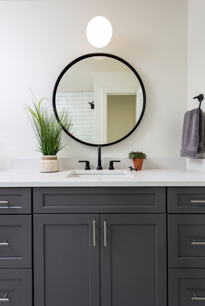 Photo of a small transitional master bathroom in Denver with shaker cabinets, grey cabinets, an alcove shower, an undermount sink, engineered quartz benchtops, white benchtops, a single vanity and a built-in vanity.