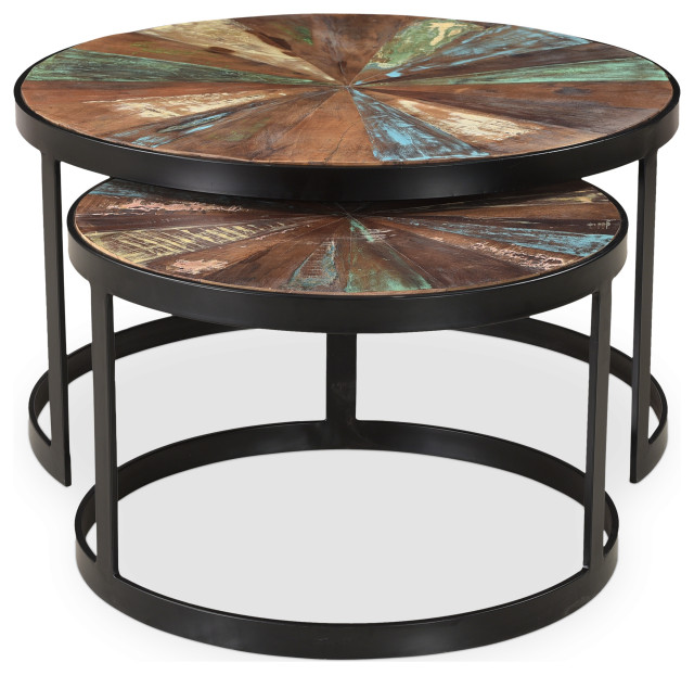 Delian Round coffee table with black legs Set of 2 Industrial