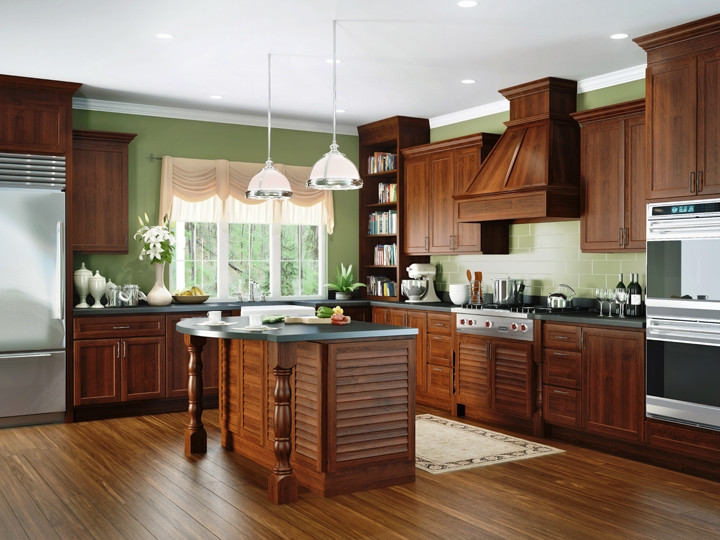 Photo of a tropical kitchen in Seattle with louvered cabinets and dark wood cabinets.