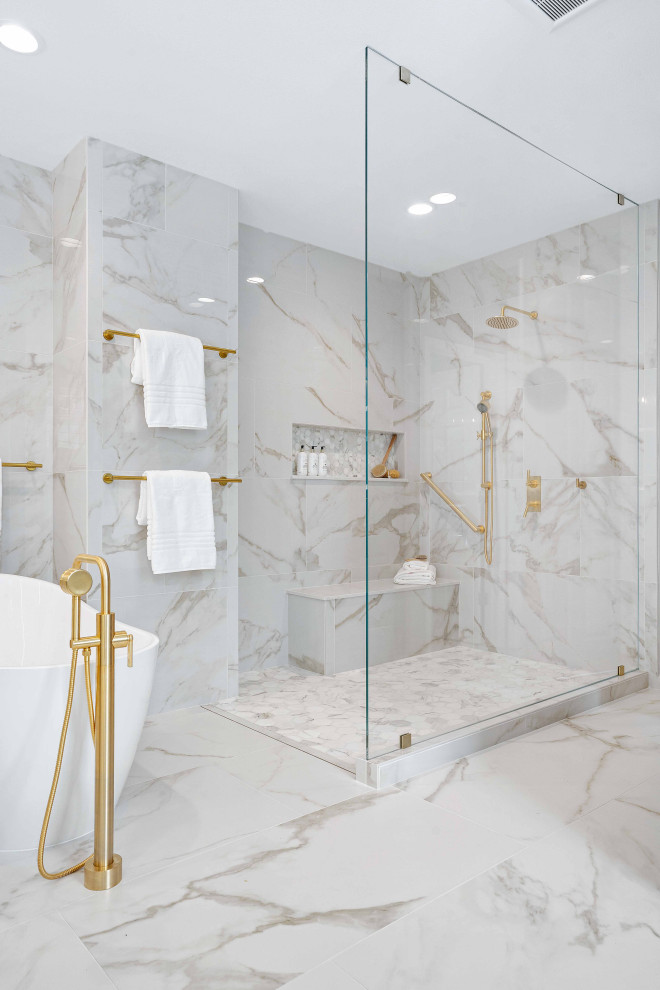 This is an example of a large eclectic ensuite bathroom in San Francisco with shaker cabinets, white cabinets, a freestanding bath, a built-in shower, a two-piece toilet, white tiles, porcelain tiles, grey walls, porcelain flooring, a submerged sink, engineered stone worktops, white floors, an open shower, white worktops, a wall niche, double sinks and a built in vanity unit.