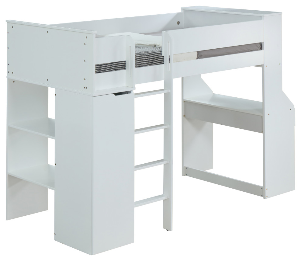Wooden Twin Size Loft Bunk Bed With Workstation And Ladder, White