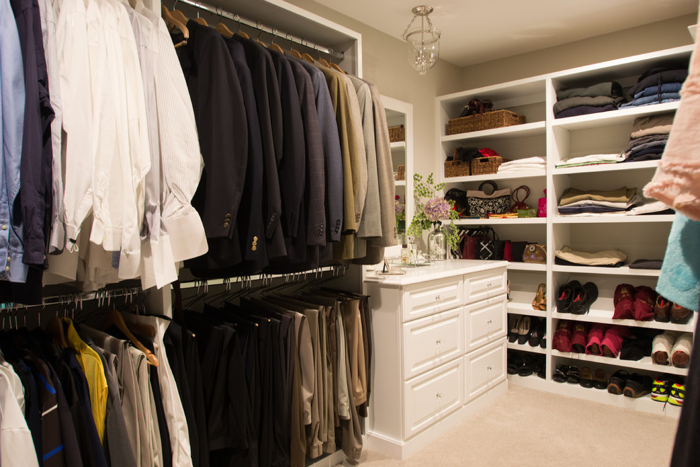 Huge transitional gender-neutral carpeted and tray ceiling dressing room photo in Cedar Rapids with raised-panel cabinets and white cabinets