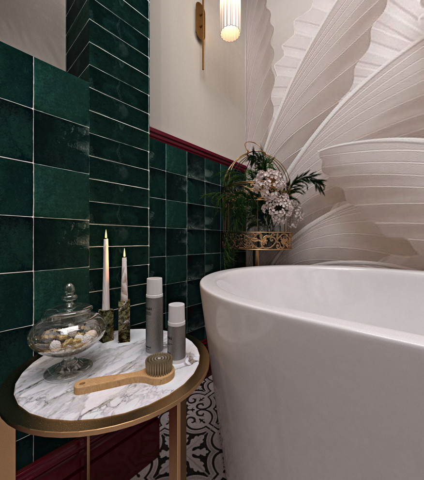На фото: ванная комната среднего размера в классическом стиле с белыми фасадами, отдельно стоящей ванной, зеленой плиткой, керамической плиткой, бежевыми стенами, полом из керамической плитки, накладной раковиной, столешницей из искусственного камня, белой столешницей, тумбой под одну раковину и подвесной тумбой с