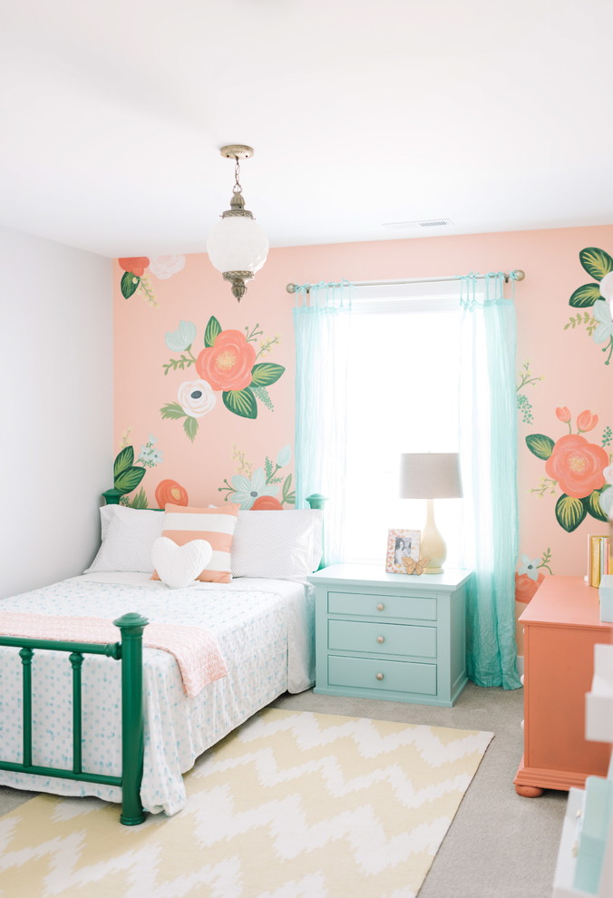 This is an example of a traditional kids' bedroom for girls in Salt Lake City with multi-coloured walls.