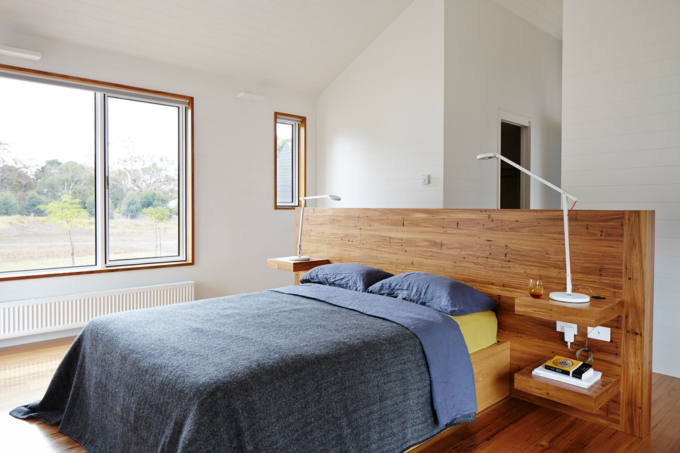 Photo of a mid-sized master bedroom in Geelong with white walls and light hardwood floors.