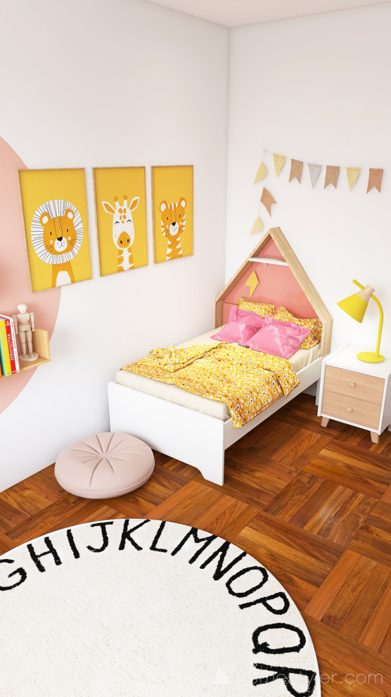 Medium sized modern toddler’s room for girls in Paris with white walls.