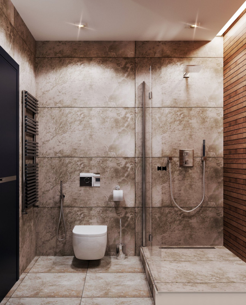 Design ideas for a mid-sized contemporary bathroom in Other with flat-panel cabinets, white cabinets, a wall-mount toilet, beige tile, ceramic tile, brown walls, ceramic floors, a console sink, marble benchtops, beige floor, white benchtops, a built-in vanity, recessed and panelled walls.