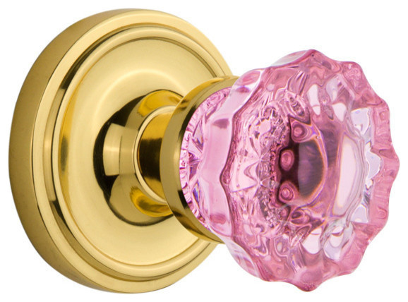 Classic Rosette Double Dummy Crystal Pink Glass Knob, Polished Brass