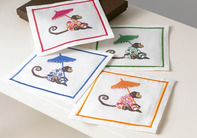 Chinoiserie Monkey Linen Cocktail Napkins