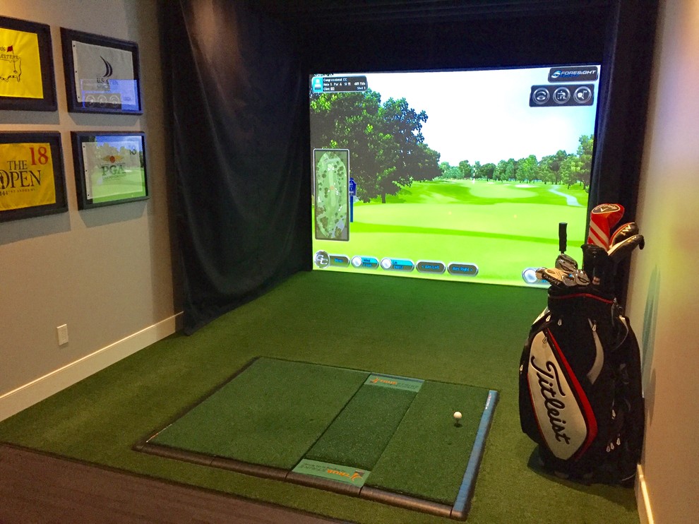 Basement - small contemporary carpeted basement idea in Calgary with gray walls