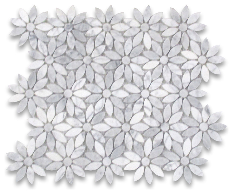 Daisy Flower Tile Carrara Venato White Carrera Marble Mosaic Polished