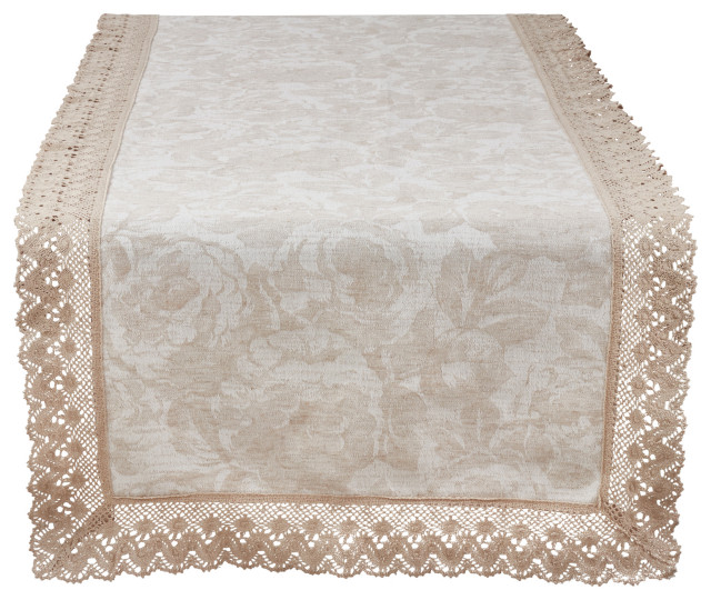 Jacquard Table Runner With Lace Trim, 16"x90" Traditional Table