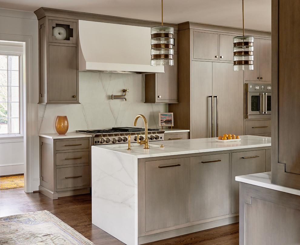 Huge transitional u-shaped dark wood floor and brown floor eat-in kitchen photo with an undermount sink, beaded inset cabinets, medium tone wood cabinets, marble countertops, white backsplash, marble backsplash, paneled appliances and two islands