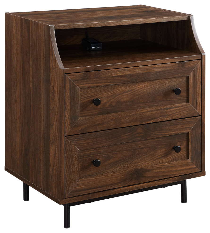 Modern Nightstand, 2 Drawers & Open Compartment With USB Port