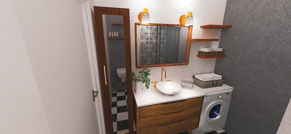 Cette image montre une petite salle d'eau victorienne avec une douche à l'italienne, WC suspendus, un mur gris, un lavabo posé, une cabine de douche à porte coulissante, meuble simple vasque et meuble-lavabo suspendu.