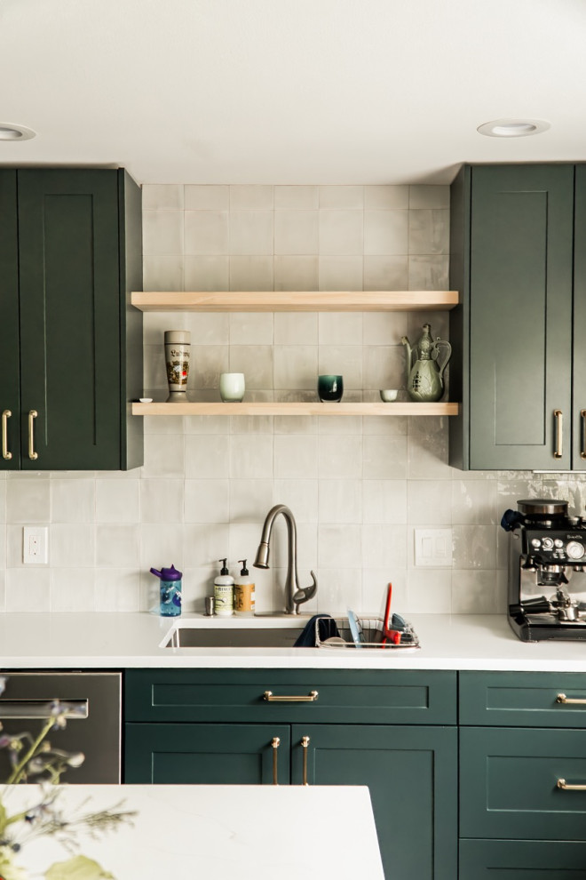 Kitchen - large contemporary l-shaped light wood floor and beige floor kitchen idea in Seattle with shaker cabinets, turquoise cabinets, quartzite countertops, white backsplash, ceramic backsplash, stainless steel appliances, an island and white countertops