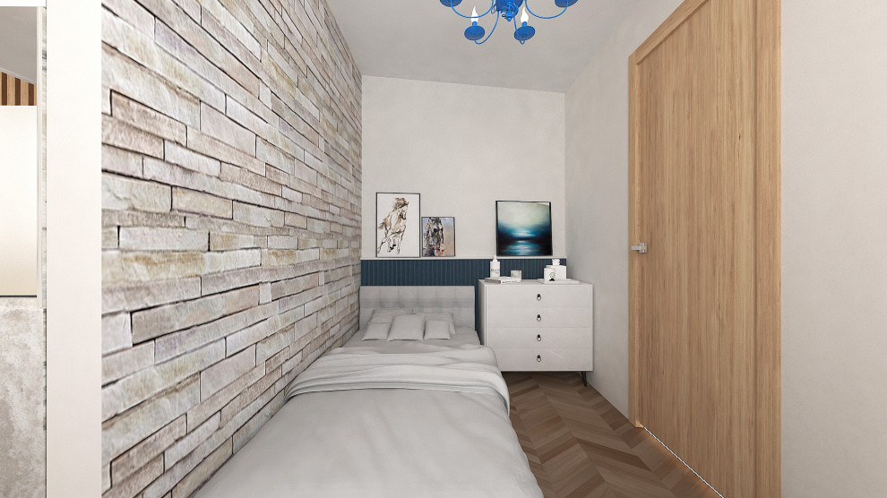 Immagine di una piccola camera matrimoniale minimalista con pareti bianche, parquet chiaro, pavimento beige, soffitto a cassettoni e pareti in mattoni