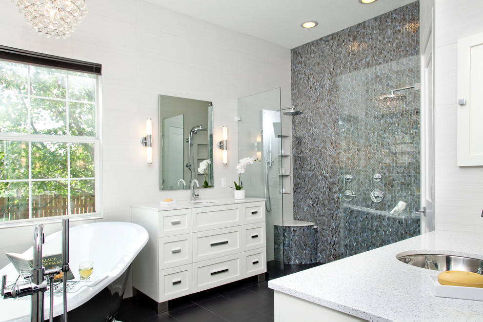 Inspiration for a small transitional master bathroom in Austin with an undermount sink, shaker cabinets, white cabinets, engineered quartz benchtops, a curbless shower, white tile, gray tile, glass tile, porcelain floors and a claw-foot tub.