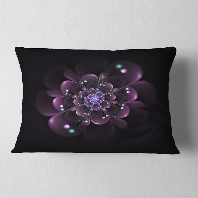 Glowing Light Purple Fractal Flower On Black Floral Throw Pillow