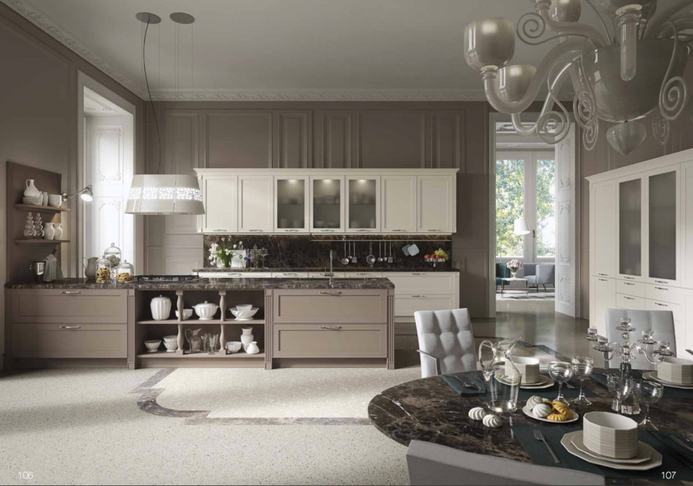 Inspiration for a large transitional kitchen in Miami with a double-bowl sink, shaker cabinets, white cabinets, marble benchtops, brown splashback, marble splashback, stainless steel appliances, terrazzo floors, with island and beige floor.