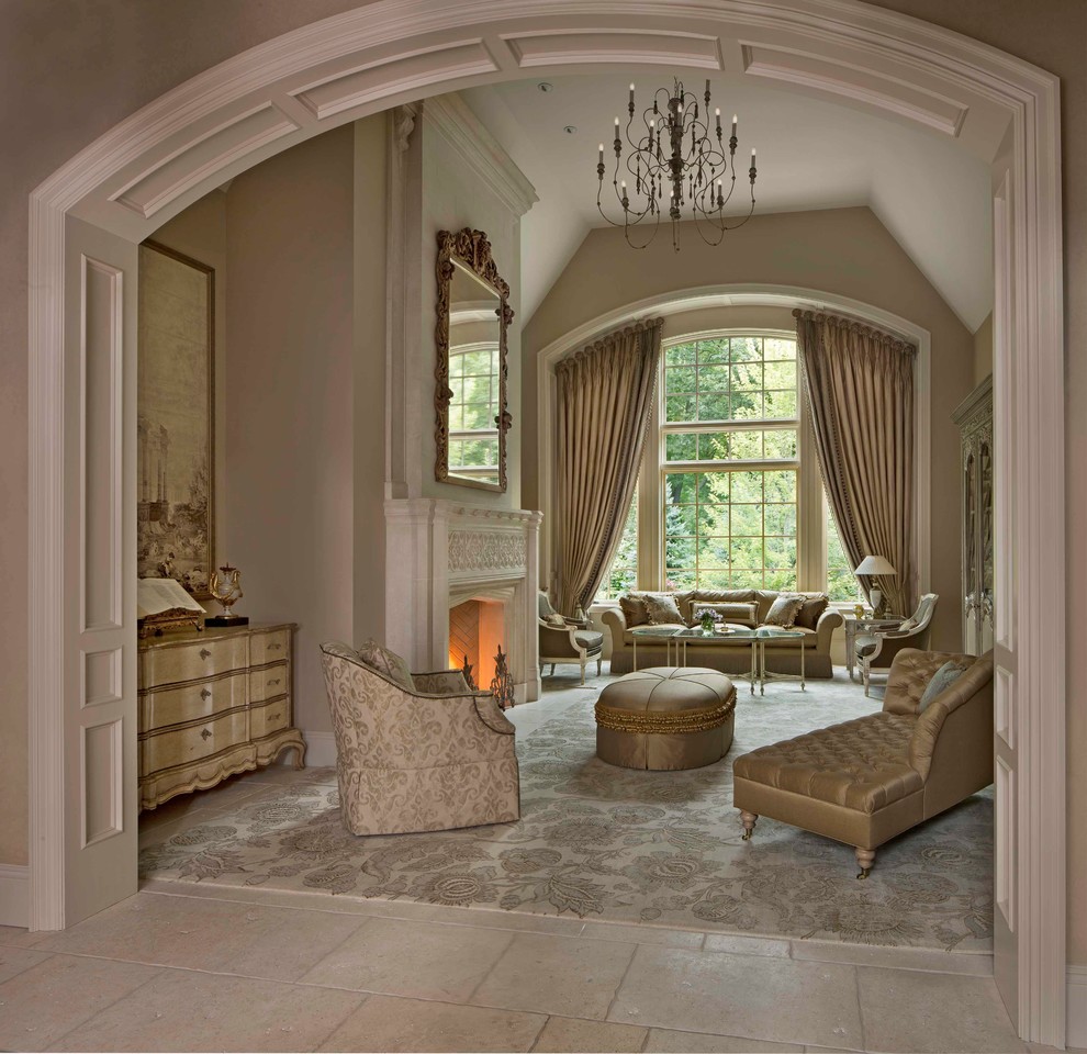 Inspiration for a mid-sized traditional formal enclosed living room in Detroit with a standard fireplace, no tv, beige walls, ceramic floors and a plaster fireplace surround.