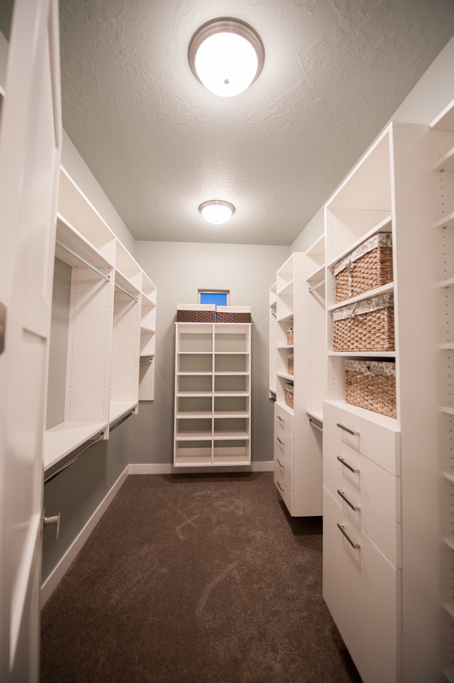 Inspiration for a mid-sized contemporary gender-neutral walk-in wardrobe in Salt Lake City with flat-panel cabinets, white cabinets, carpet and brown floor.