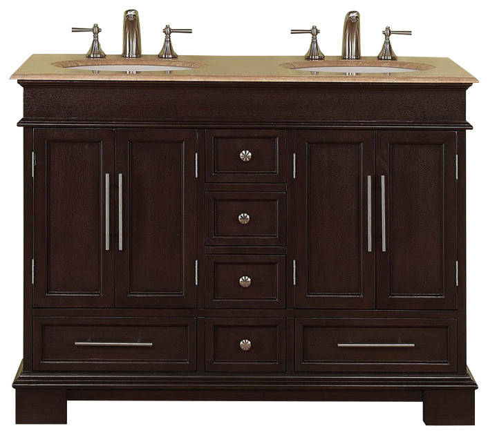 48 Inch Small Dark Walnut Double Sink Bathroom Vanity, Travertine ...
