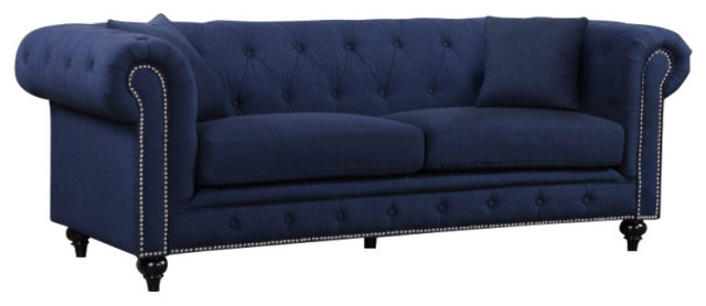 Chesterfield Linen Textured Fabric Upholstered Sofa, Navy