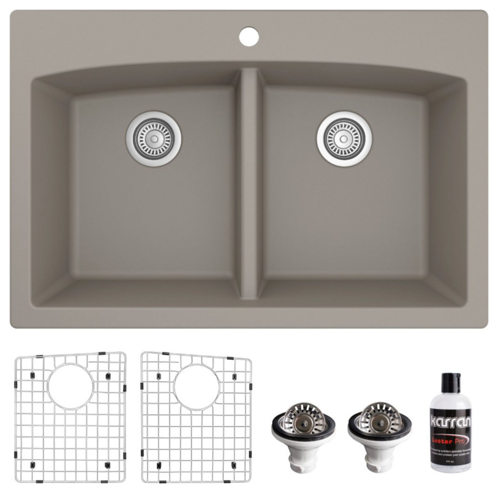 Karran Drop-in Quartz 33" 1-Hole 50/50 Double Bowl Sink Kit, Concrete