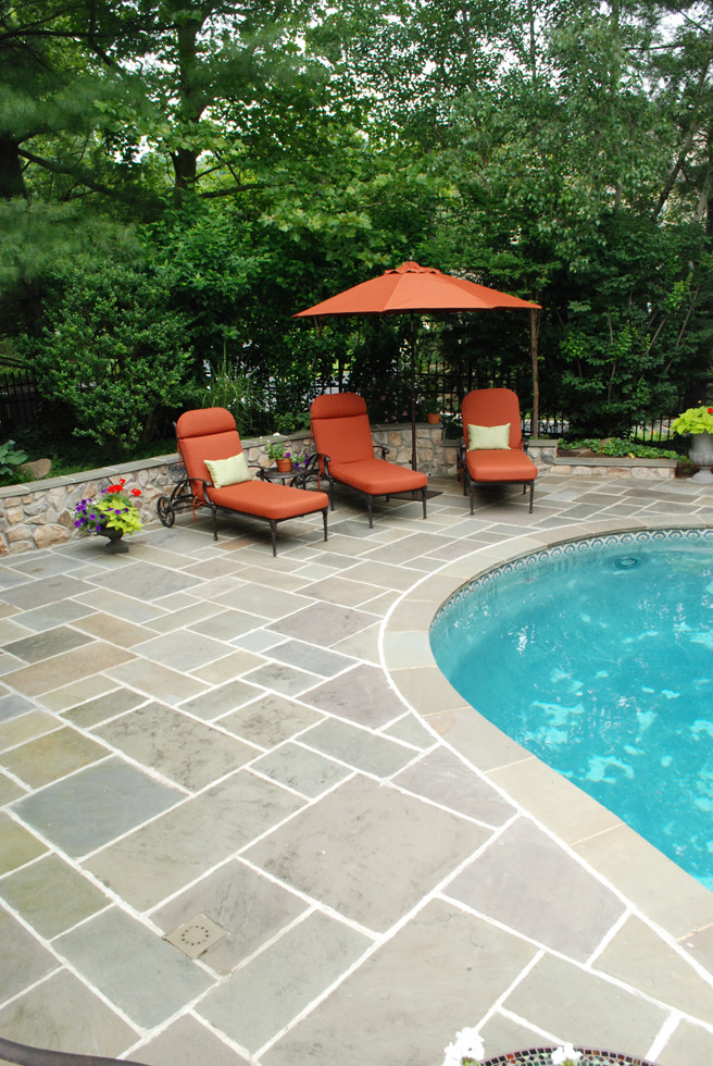 Inspiration for a small traditional backyard kidney-shaped natural pool in Philadelphia with a water feature and natural stone pavers.