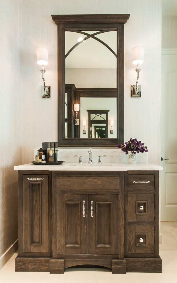  Dark  Stained Wood Vanity with White  Countertops 