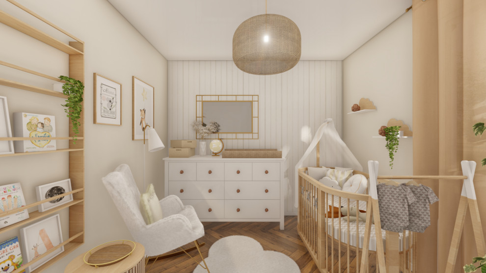 Idee per una piccola cameretta per neonata boho chic con pareti multicolore e pavimento in vinile