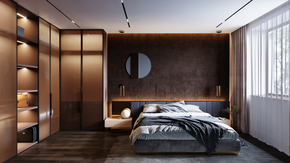 This is an example of a mid-sized modern master bedroom in Other with brown walls, laminate floors and brown floor.