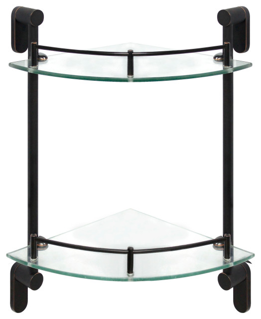 MODONA's 11.5" Double Glass Corner Shelf With Rail, Rubbed Bronze