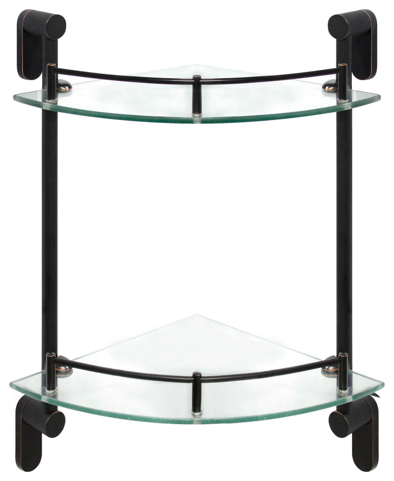 MODONA's 11.5" Double Glass Corner Shelf With Rail, Rubbed Bronze