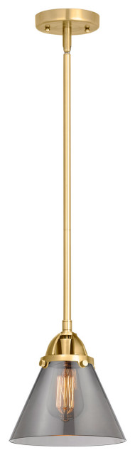 Nouveau 2 Large Cone 1 Light Mini Pendant, Satin Gold, Plated Smoke Glass