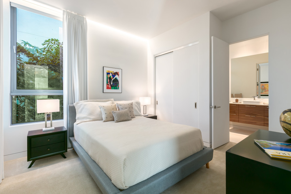Стильный дизайн: гостевая спальня среднего размера, (комната для гостей) в современном стиле с белыми стенами, ковровым покрытием и белым полом без камина - последний тренд