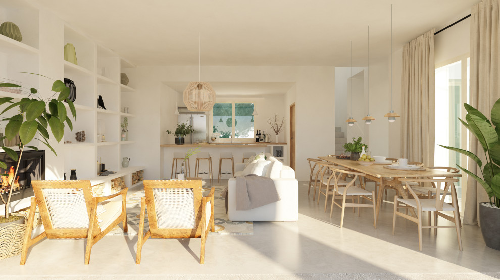 Diseño de sala de estar abierta mediterránea de tamaño medio sin televisor con paredes blancas, suelo de cemento, chimenea de esquina, marco de chimenea de hormigón, suelo beige y alfombra