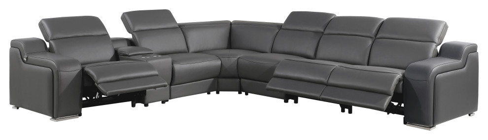 Marco-7-Piece, 3-Power Reclining Italian Leather Sectional, Dark Gray