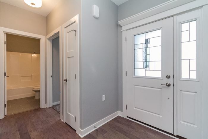 Example of a mid-sized transitional medium tone wood floor foyer design with gray walls and a white front door
