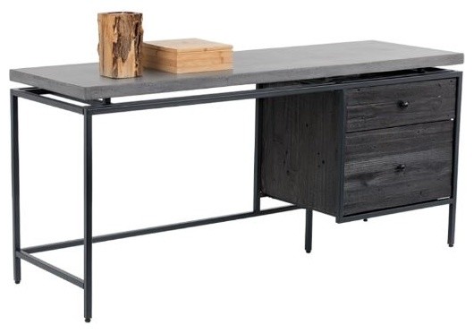 Concrete Top Desk With Metal Frame And Pine Wood Drawers