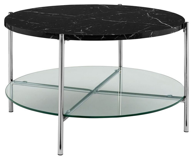 32 Round Coffee Table Black Marble, Round Black Glass And Chrome Coffee Table